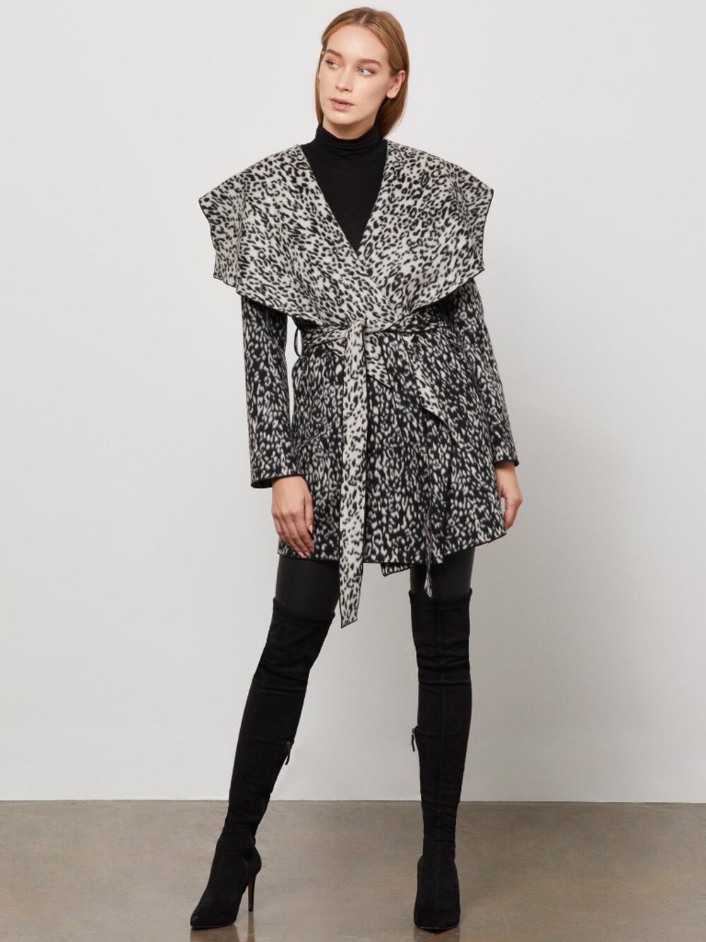 BCBGMaxAzria Black & White Leopard-Print Wrap Coat